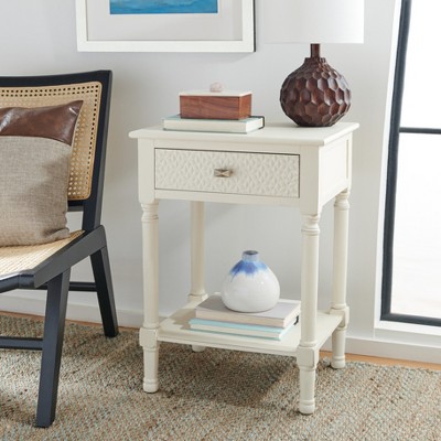 Halton Distressed White Wood Accent Table with Textured Drawer