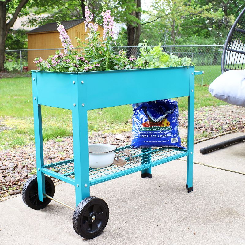 Sunnydaze Outdoor Galvanized Steel Raised Mobile Elevated Planter Cart with Handlebar and Wheels - 43", 4 of 13