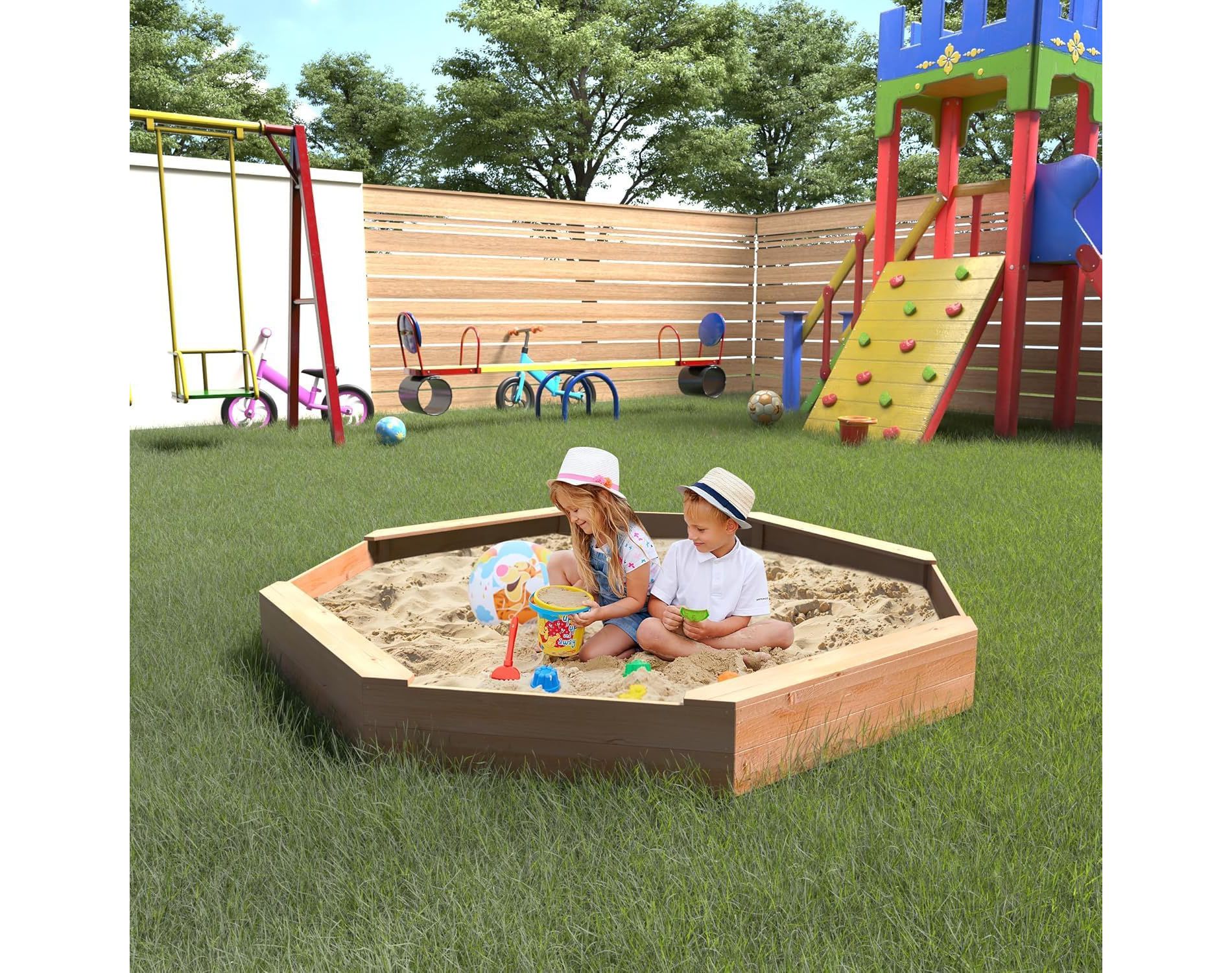 Large Octagonal Wooden Sandbox for Kids with Built-In Benches, Outdoor Sandpit for 6-8 Children with Protective Nylon Cover