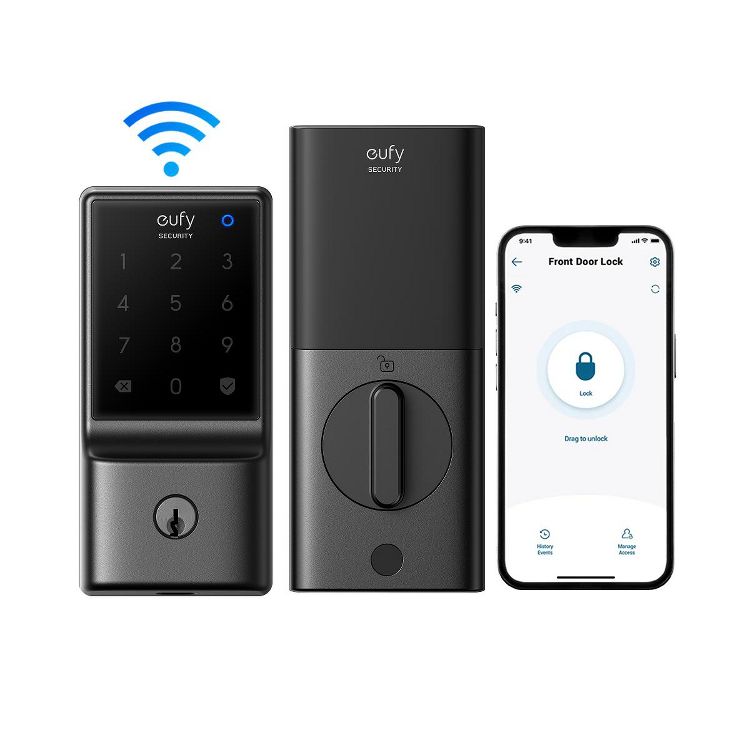 Black colored smart lock system with a keypad, a central locking unit, and a smartphone displaying a lock control app.