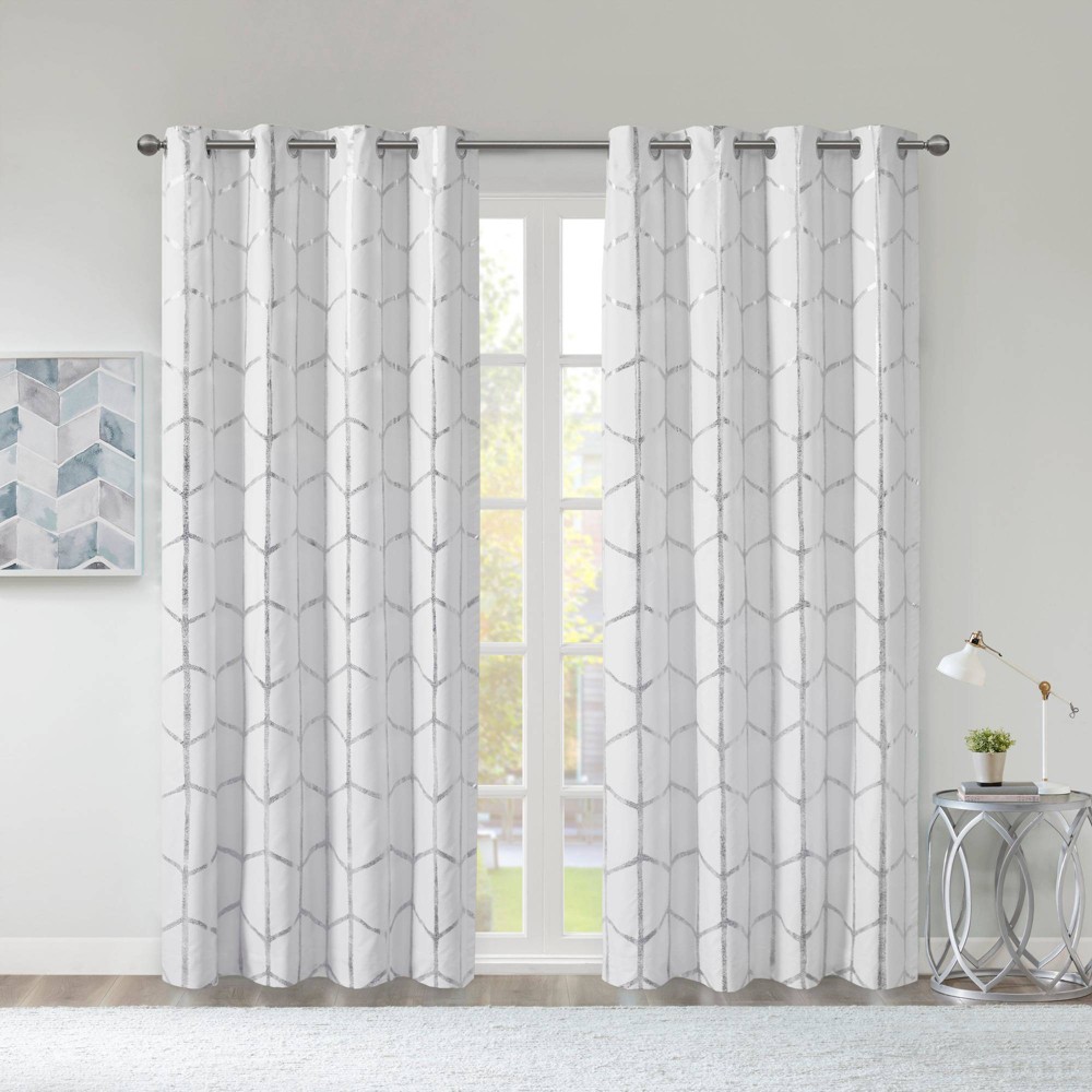Photos - Curtain Rod / Track 84"x50" Arielle Total Blackout Metallic Printed Curtain Panel White: Geometric Grommet Top, Energy Efficient, Indoor Use