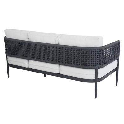 Outdoor Black Wicker and Metal Three-Seater Sofa with Off-White Cushions
