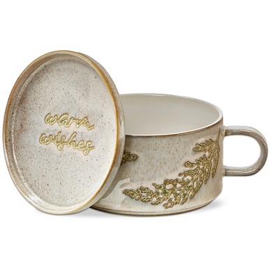 tagltd Warm Wishes Gold Accented Stoneware Dishwasher Soup Mug with Lid, 20 oz.