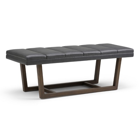 Simpli Home Milltown Small Ottoman Bench in Distressed Black Faux Leather