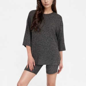 Anna-Kaci Lounge Women's Ribbed Knit Lounge Set with 3/4 Sleeve Top and Fitted Shorts - 1 of 4