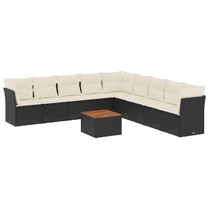 vidaXL Patio Sofa Set with Cushions Outdoor Furniture 10 Piece Poly Rattan - Black and Cream - 1 of 4