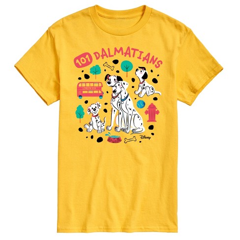 Men s 101 Dalmatians Collage Of Dalmatian Family Short Sleeve Graphic T shirt Yellow Large Target