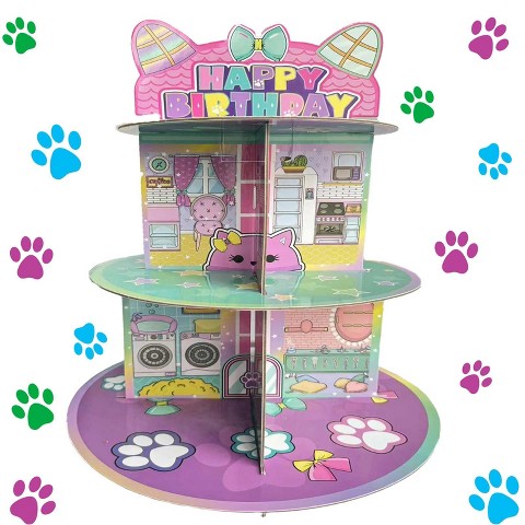 Etokfoks 3 Tier Cartoon Cat Dollhouse Cupcake Stand Pink Cardboard Dessert Tower Holds 24 Cupcakes Kids Birthday Party 17 Inch 1 Set