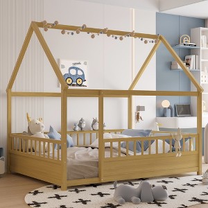 KWPZQEB Kids Bed, Montessori  Floor Bed with Roof and Fence, Wooden House Bed for Kids, No Box Spring Needed - 1 of 4