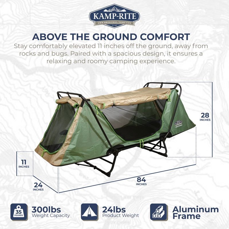 Kamp-Rite Original Quick Setup 1 Person Multifunctional Cot Convertible as Lounge Chair, and Tent with 2 Zippers and Messh Entry Doors, Green & Tan, 3 of 8