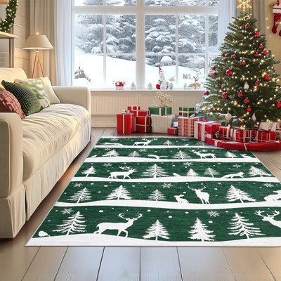 Christmas Area Rugs, Christmas Rugs with Xmas Tree Reindeer Snowflake for Holiday Decor,Low Pile Washable Rug for Dining Room, Bedroom