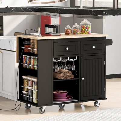 Rolling Kitchen Island Cart, with Wood Desktop, Cabinet and Drawers, Spice Rack, Towel Rack, Wine Rack, for Kitchen, Dining