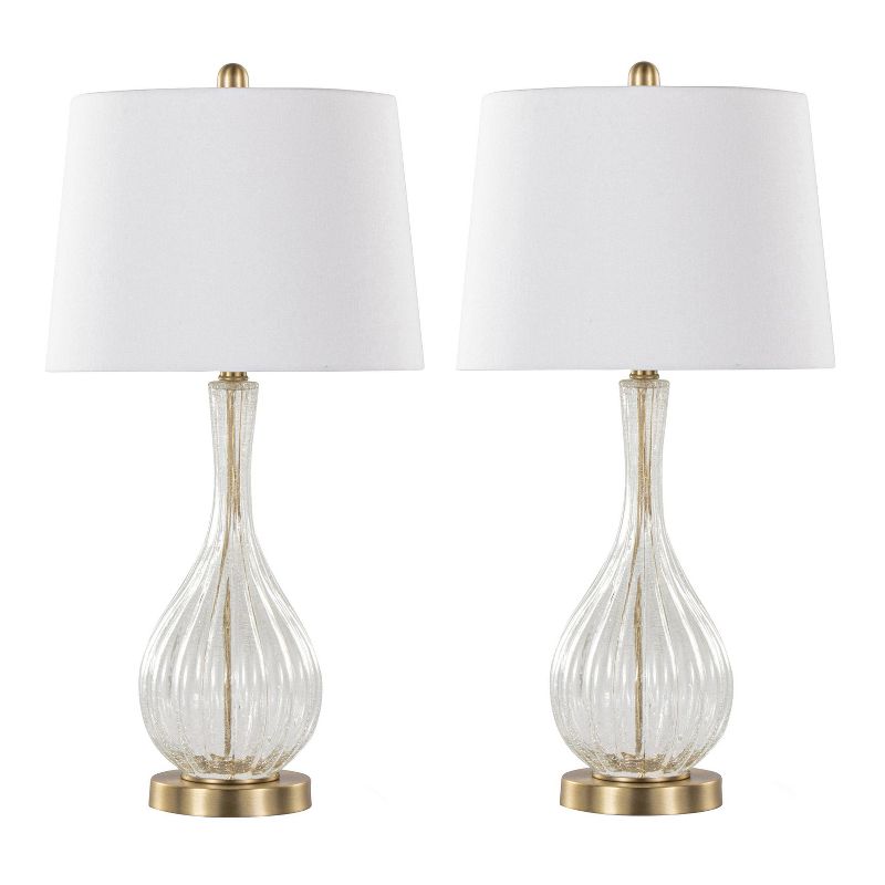 LumiSource (Set of 2) Jenny 27.25&#34; Contemporary Glass Table Lamps Clear Crackle Glass Gold Metal and White Linen Shade from Grandview Gallery, 1 of 8