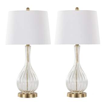 LumiSource (Set of 2) Jenny 27.25" Contemporary Glass Table Lamps Clear Crackle Glass Gold Metal and White Linen Shade from Grandview Gallery
