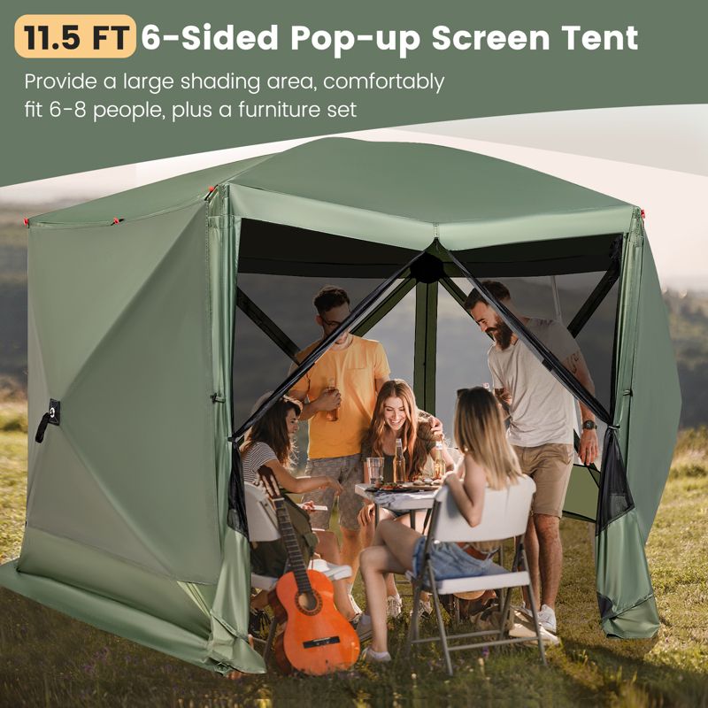 Costway 11.5 X 11.5 FT 6-Sided Pop-up Screen House Tent With 2 Wind Panels for Camping Coffee/Green, 4 of 11