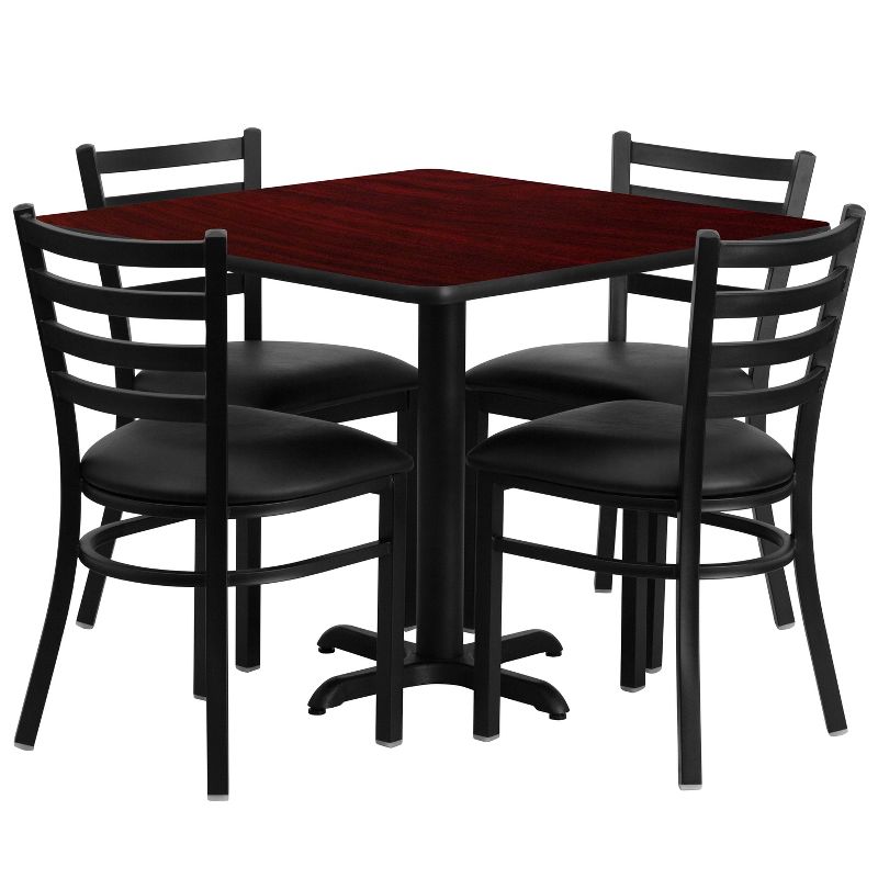 Flash Furniture 36'' Square Mahogany Laminate Table Set with X-Base and 4 Ladder Back Metal Chairs - Black Vinyl Seat, 1 of 4