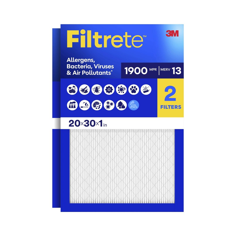 Filtrete 2pk 1900 Ultimate Allergens, Bacteria and Virus 20X30: Electrostatic Furnace Filter, MERV 13, 20x30x1, 2 Count