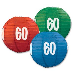 Beistle "60"  Paper Lanterns for Birthdays and Anniversary Milestone, 9.5", (3/Pkg) Multicolored - 1 of 1