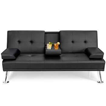 Costway Convertible Folding Futon Sofa Bed Leather w/Cup Holders&Armrests White\Black\Brown