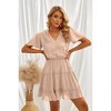 Women's Chiffon V Neck Short Sleeve Mini Dress Summer Ruffle Skirt Apricot Large - 2 of 4