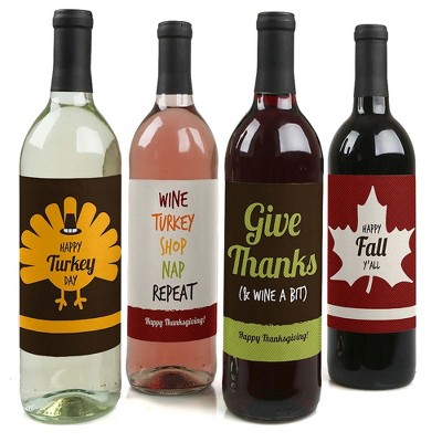 Big Dot of Happiness Happy Turkey Day - Thanksgiving Decorations for Women and Men - Wine Bottle Label Stickers - Set of 4