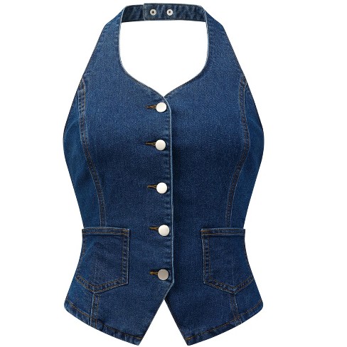 Allegra K Women s Denim Halter Neck Button Down Backless Jean Vest Dark Blue X Large