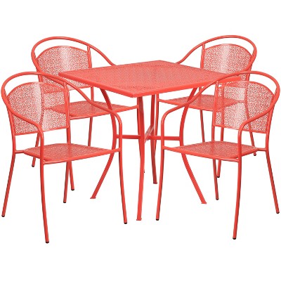 Emma and Oliver Commercial Grade 28" Square Coral Patio Table Set-4 Round Back Chairs