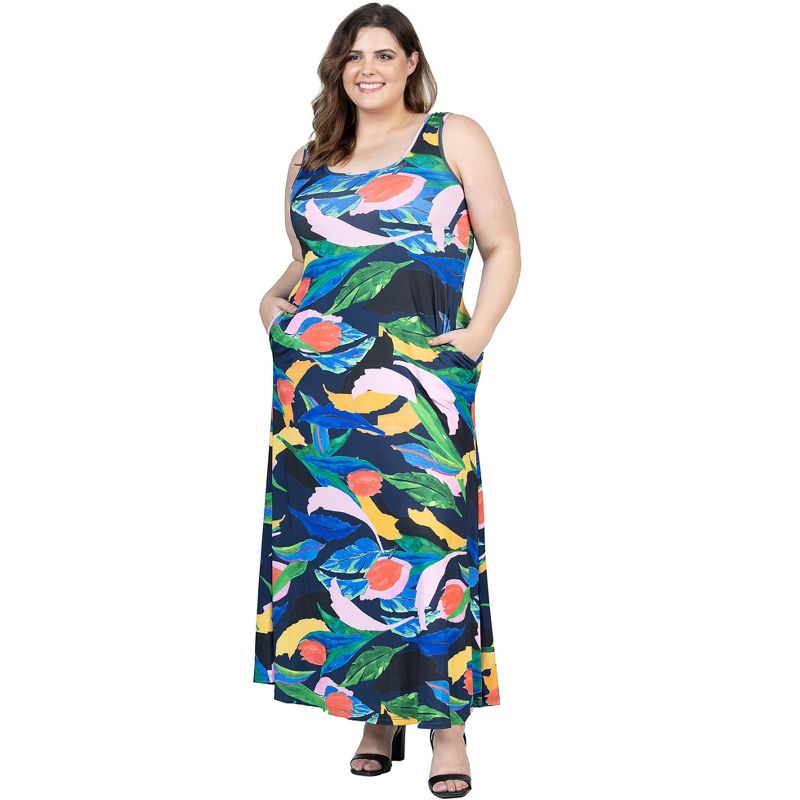 24seven Comfort Apparel Plus Size Teal Floral Print Sleeveless Casual Maxi Dress With Pockets, 4 of 7