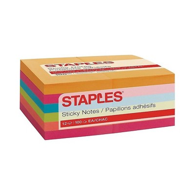 Staples Stickies Standard Notes 3" x 5" Assorted 100 Sh/Pd 12 Pd/Pk S-35BR12