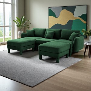 Boucle U-Shaped Sectional Sofa with Shell Armrests & 2 Ottomans - 1 of 4
