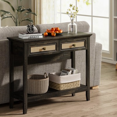 Heynemo Rattan Console Table with Widened Tabletop & 2 Drawers, Sofa Table with Storage Shelf, for Living Room, Hallway, Entrywayish