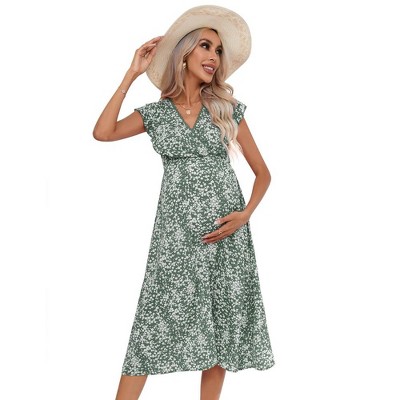 Women's Lace V Neck Ruffle Sleeve Maternity Wrap Dress Summer Casual High Waisted Floral Flowy Maxi Dress for Baby Shower Photoshoot Green 2XL