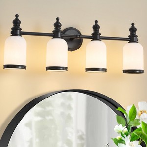 POWLIG 27.75-in 4-Light Vintage Courtly Black Bathroom Vanity Light with Frosted Milk Glass Shade - 1 of 4