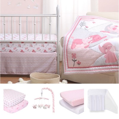 Image of The Peanutshell Pink Elephant Complete Nursery Set with Mobile: Crib Bedding, Sheets, Changing Pad Covers and Liners - 12-Piece Set