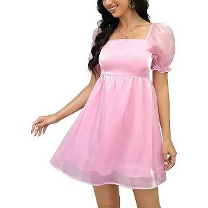 Womens Short Puff Sleeve Square Neck Puffy Dress Babydoll Mesh Mini Dress - 1 of 1