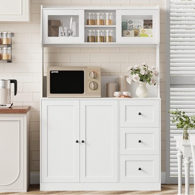 Whizmax 67 Kitchen Pantry Cabinet Freestanding Hutch Cabinet with 3 Drawers and LED Lights Tall Storage Cabinet with Countertop White