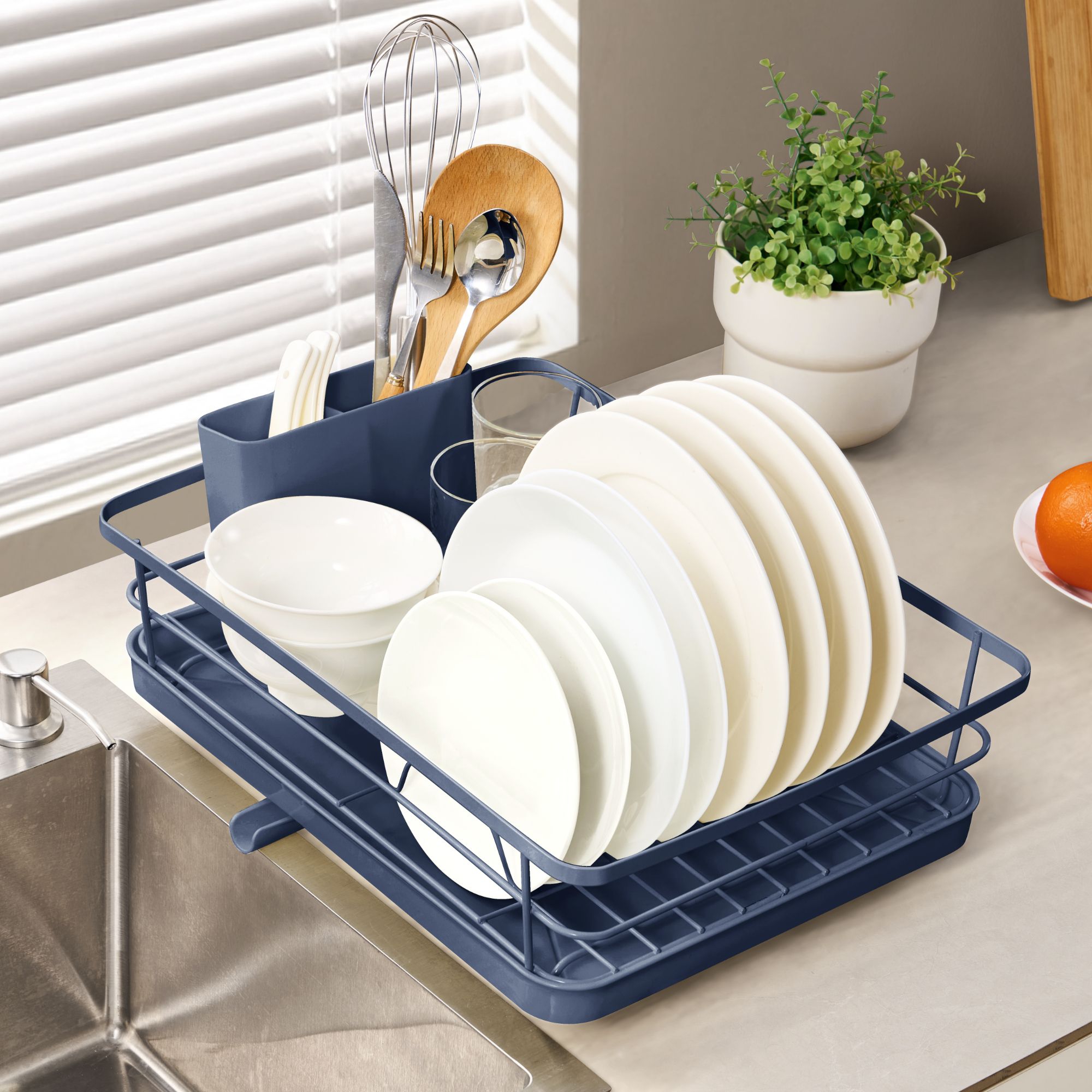3-Piece Multi-Functional Dish Drying Rack with Drain Board & Utensil Holder - Navy
