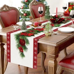 Racxily Watercolor Poinsettia Red Christmas Table Runner with White Snowflake,Seasonal Winter Xmas Party Decoration, Kitchen Decor, 13*72 in - 1 of 4