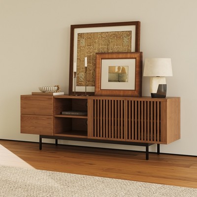 POVISON Mid-Century Modern TV Stand, Louvered Wood Entertainment Center with Slatted Doors, Open Storage,62.99"
