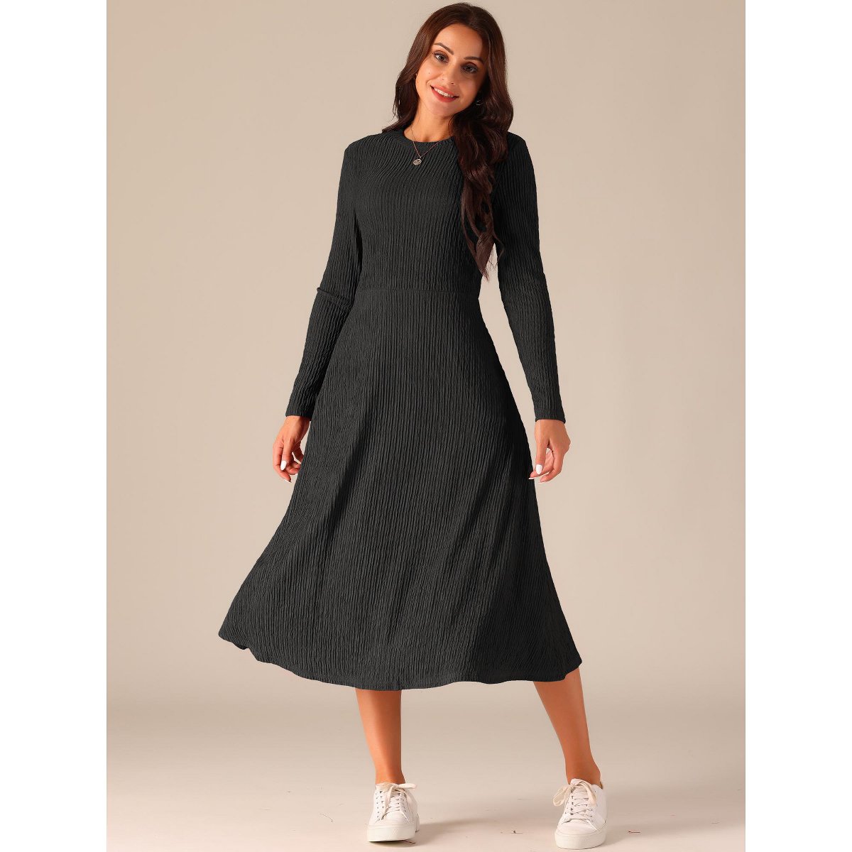 Женские платья INSPIRE CHIC Women's Fall Long Sleeve Round Neck Casual Knit A-Line Midi Dress Large Black — фото 3