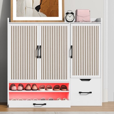SKRAN Multi Functional Shoe Cabinet with Adjustable Shelves, Stool and Retractable Toe Kick Drawer Minimalist Shoe Storage Cabinet for Entryway