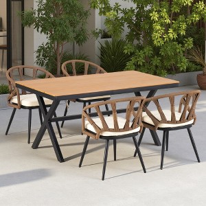 5-Piece Outdoor Patio Iron Dining Set with Rectangular Table and 4 Rope Art Cushioned Chairs - 1 of 4