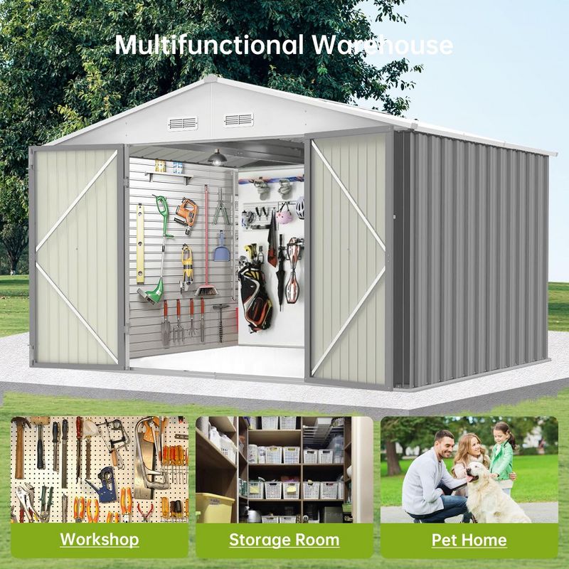 8.6'x10.4' Outdoor Storage Shed, Large Garden Shed, Updated Reinforced and Lockable Doors Frame Metal Storage Shed for Patiofor Backyard, Patio,Grey, 3 of 8