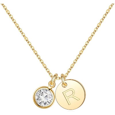 Personalized Birthstone Necklace 14K Gold Plated Initial Disc Jewelry Gift