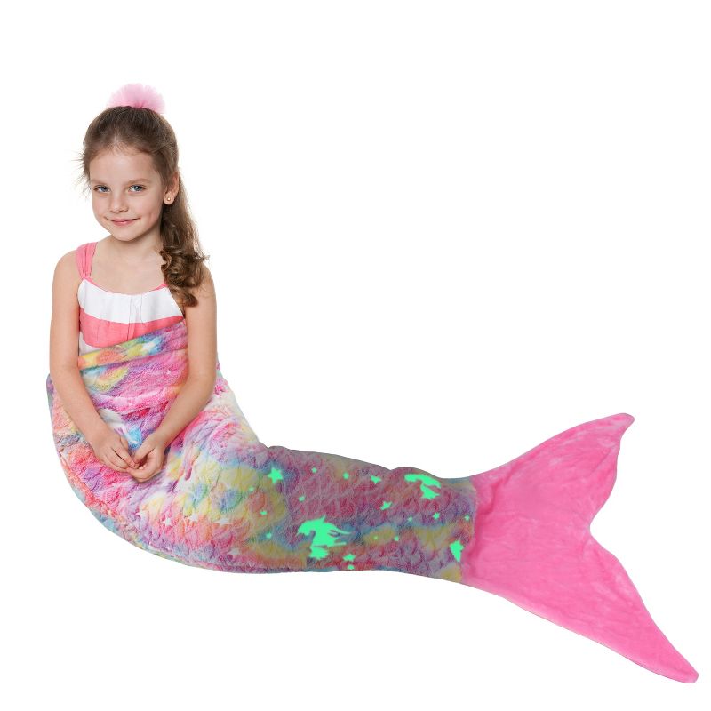 Catalonia Kids Mermaid Tail Blanket, Super Soft Plush Flannel Sleeping Blanket for Girls, Rainbow Ombre, Fish Scale Pattern, Gift Idea, 1 of 9