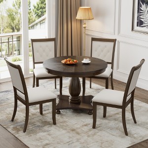 Whisen 5-Piece Retro Dining Set, Round Table with Pedestal Table Base and 4 Upholstered Chairs - 1 of 4