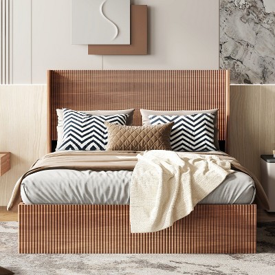YONWAY Queen Bed Frame with lift storage - 82 IN grooved undulating lift storage bed frame, slatted natural wood, no spring box required/no noise