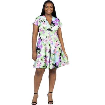 24seven Comfort Apparel Plus Size Floral Print V Neck Empire Waist  Cap Sleeve Knee Length Dress