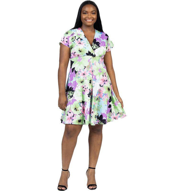 24seven Comfort Apparel Plus Size Floral Print V Neck Empire Waist Cap Sleeve Knee Length Dress, 1 of 7