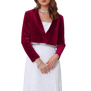 INSPIRE CHIC Women's Evening Long Sleeve Sparkle Trim Bridal Wedding Elegant Cocktail Velvet Shrug - 1 of 4